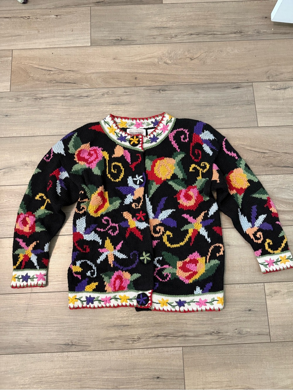 Vintage The Import Workshop Black Floral Embroidery Knit Cardigan